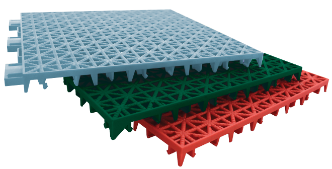 Pickleball Performance tiles stacked in light blue, green and red